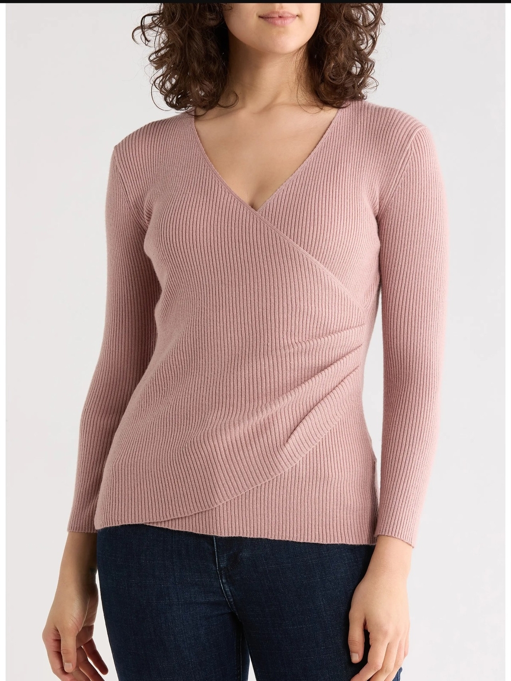MAX STUDIO Dusty Rose Ribbed Faux-Wrap V-Neck Sweater